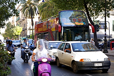 Sightseeing bus, tourist bus, traffic, palm trees, Palermo, Sicily, Italy, Europe