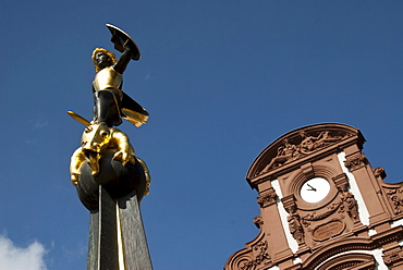 Fountain in front of the "Alte Muenz" building in commemoration of the death of the world wars, Saint Georg with the baged dragon in the middle, Rhineland-Palatinate, Germany, Europe