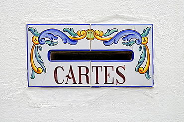 Spanish tiles, azulejos, mailbox, letters, post, wall, Sagunto, Sagunt, Valencia, Spain, Europe