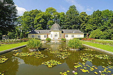 Lily pond, park, ancillary buildings, palace, museum, Bad Berleburg, Siegen Wittgenstein district, North Rhine-Westphalia, Germany, Europe