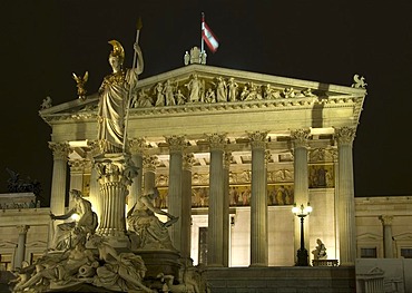 Parlament and Pallas Athena fountain at night, Vienna, Austria, Europe