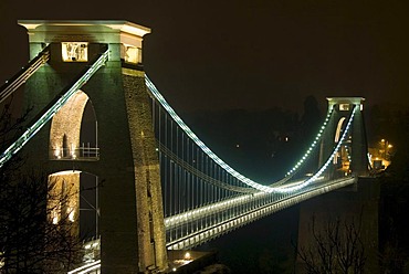 Lit suspension Bridge at night, Clifton, Bristol, England, Great Britain, Europe