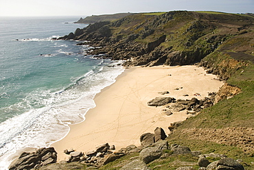 Beach and coastline, sandy beach, sea, Porthchapel Beach, West Cornwall, Cornwall Island, South of England, England, Great Britain, Europe