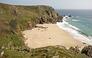 Sandy beach, coastline, sea, coastal trail, Porthchapel Beach, West Cornwall, Cornwall Island, South of England, England, Great Britain, Europe