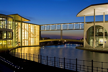 Marie-Elisabeth Lueders House and Paul Loebe House, left, at night, Berlin, Germany, Europe