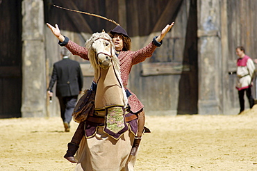 "Court jester" on fake horse, Knights' Tournament in Kaltenberg, Upper Bavaria, Bavaria, Germany, Europe