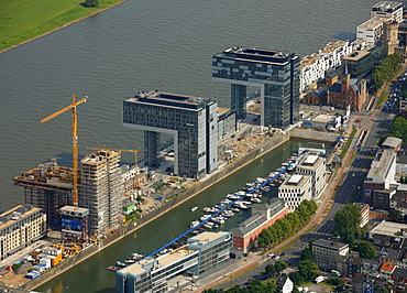 Aerial photograph, Kranhaus crane house construction site in Cologne Rheinauhafen, Pandion AG, Hafenquartier port district, Neumarkt, Cologne, North Rhine-Westphalia, Germany, Europe