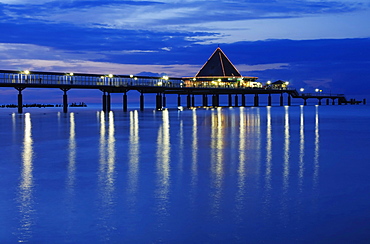 Pier in the Heringsdorf seaside resort, at dusk, Usedom Island, Mecklenburg-Western Pomerania, Germany, Europe