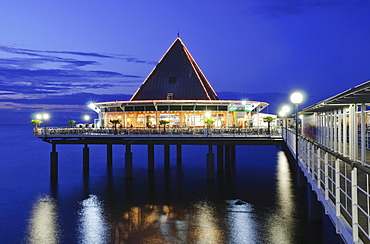 Restaurant on the pier in the Heringsdorf seaside resort, at dusk, Usedom Island, Mecklenburg-Western Pomerania, Germany, Europe