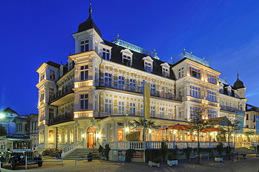 Ahlbecker Hof Hotel, spa-style architecture, at dusk, Ahlbeck seaside resort, Usedom Island, Mecklenburg-Western Pomerania, Germany, Europe