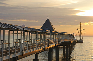 Pier in the Heringsdorf seaside resort, at sunrise, Usedom Island, Mecklenburg-Western Pomerania, Germany, Europe