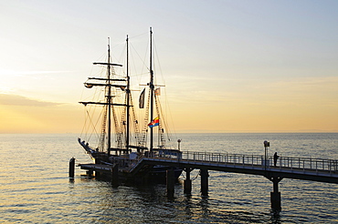 Three-masted sailing ship at the pier in the Heringsdorf seaside resort, Usedom Island, Mecklenburg-Western Pomerania, Germany, Europe