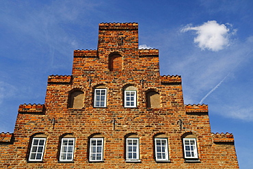 Historic town mansion with typical stepped gable in the historic center of Luebeck, Schleswig-Holstein, Germany, Europe