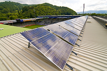 Solar array on the roof of the stadium of the SC Freiburg soccer team, Freiburg im Breisgau, Baden-Wuerttemberg, Germany, Europe