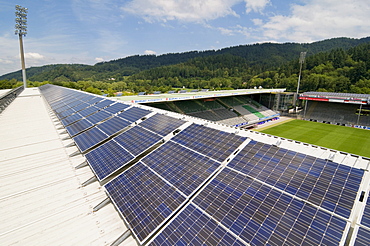 Solar array on the roof of the stadium of the SC Freiburg soccer team, Freiburg im Breisgau, Baden-Wuerttemberg, Germany, Europe