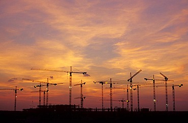 Cranes of a large construction site, Munich, Bavaria, Germany, Europe