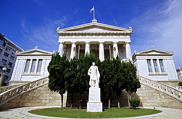 National Library with statue of Father Vallianos, who financed the construction of Athens, Greece, Europe