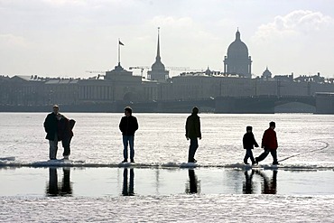 People walking over the frozen Neva River, St. Petersburg, Russia