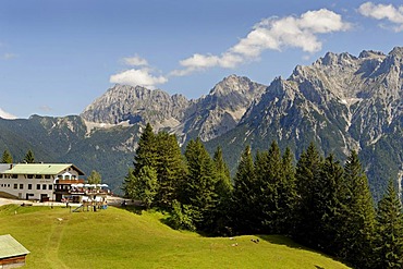 Mountain restaurant St. Anton with Karwendel mountain range, Kranzberg, Mittenwald, Werdenfelser Land, Upper Bavaria, Germany, Europe