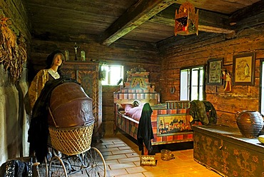 Chamber with a bed, Farmhouse Museum Lindberg, Bavarian Forest, Lower Bavaria, Bavaria, Germany, Europe