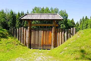 Celtic entrenchment Truchtlaching, Archaeologischer Rundweg archeologic trail, Seebruck on the Chiemsee lake, Upper Bavaria, Germany, Europe