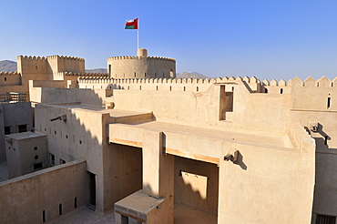 Historic adobe fortification Rustaq Fort or Castle, Hajar al Gharbi Mountains, Batinah Region, Sultanate of Oman, Arabia, Middle East