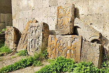 Traditional Armenian cross-stones, khachkar, at Tatev Monastery near Goris, Armenia, Asia