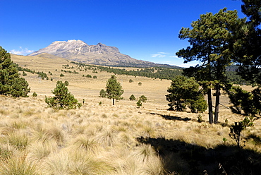 Grass plain with Iztaccihuatl volcano, Paso de Cortes, Popocatepetl-Iztaccihuatl National Park, Mexico, Central America