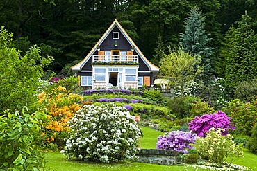 Kurort Rathen, cottage in rhododendron garden, Oberrathen, Saxon Switzerland, Elbsandsteingebirge, Elbe Sandstone Mountains, Saxony, Germany