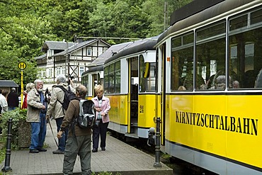 Tram in Kirnitschtal Valley, Saechsische Schweiz, Saxon Switzerland, Elbsandsteingebirge, Elbe Sandstone Mountains, Saxony, Germany