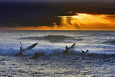 Fishermen at sunrise, Canal des Pangalanes, East Madagascar, Africa