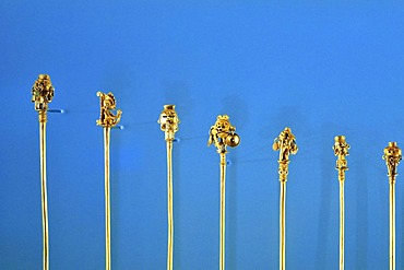 Pre-Columbian goldwork collection, hairpins, Gold Museum, Museo del Oro, Bogota, Colombia, South America