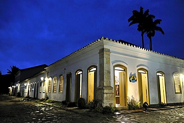 Row of houses in baroque historic city at night, Parati, Paraty, Rio de Janeiro, Brazil, South America