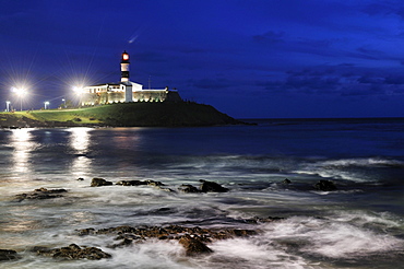 Forte de Santo Antonio da Barra fortress with Farol da Barra lighthouse at night, Salvador, Bahia, UNESCO World Heritage Site, Brazil, South America