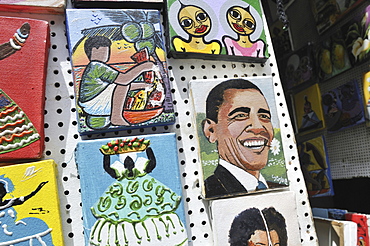 Paintings of U.S. President Barack Obama to be sold to tourists, street vendors, Salvador, Bahia, Brazil, South America