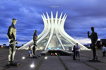 Statues of the Evangelists in front of the Cathedral Catedral da Nossa Senhora Aparecida, architect Oscar Niemeyer, Brasilia, Distrito Federal state, Brazil, South America