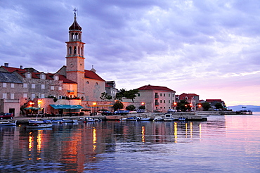 Fishing boats in the harbor of Sutivan in front of the church Sveti Ivan, Island Brac, Dalmatia, Croatia, Balkans, Europe