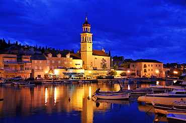 Fishing boats in the harbor of Sutivan in front of the church Sveti Ivan, Island Brac, Dalmatia, Croatia, Balkans, Europe