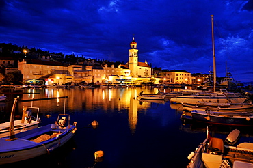 Fishing boats in the harbor of Sutivan in front of the church Sveti Ivan, Island Brac, Dalmatia, Croatia, Balkans, Europe