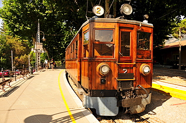 The "Red Flash" railway from 1912, in the station of Soller, Majorca, Balearic Islands, Spain, Europe