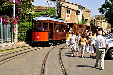 Historic tram from 1912 in the historic centre of Soller, Majorca, Balearic Islands, Spain, Europe
