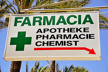 Sign "Farmacia/Pharmacy" at the Playa de Palma, El Arenal, Majorca, Balearic Islands, Spain, Europe