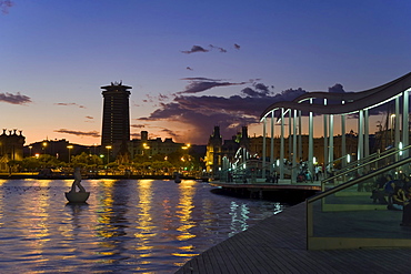 Rambla de Mar at night, Barcelona, Catalonia, Spain, Europe