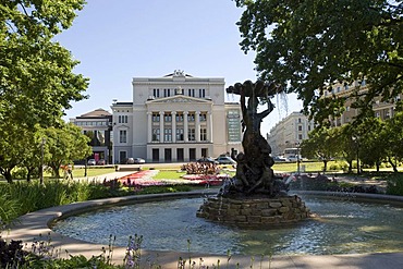 Latvian National Opera House behind a fountain in the city park, Riga, Latvia, Baltic States, PublicGround