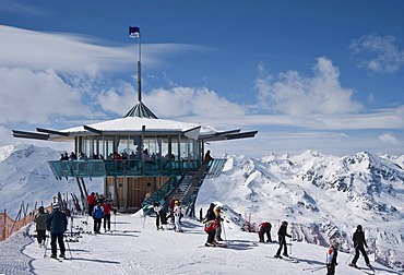 Restaurant with panoramic view Top Mountain Star on Wurmkogel mountain with view on Nederkogel mountain, Hochgurgl, Oetztal Valley, Tyrol, Austria