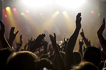 Hands of fans at the sold-out concert of the US-metal-rock band W.A.S.P. live in Schueuer, Lucerne, Switzerland