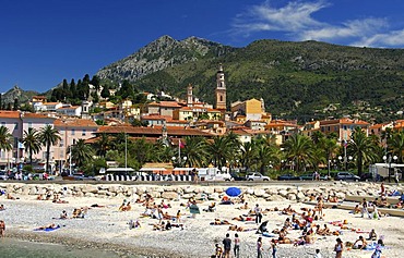 At the beach in Menton, view of the locality and the back-country mountains, Cote d'Azur, France