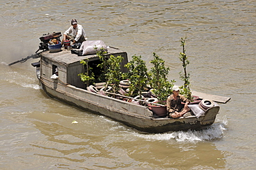 Two men on a wooden boat on Mekong River, plant trader, Can Tho, Mekong Delta, Vietnam