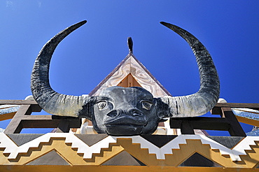 Buffalo head sculpture, big horns, Crazy House Hotel, Hang Nga Guesthouse, Dalat, Central Highlands, Vietnam, Asia