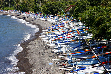 Outrigger boats in Selang, coastal road, south-east Bali, Republic of Indonesia, Southeast Asia